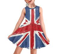 BYCHECAR Union Jack Dress for Girls 11-12 Summer Party Dresses UK British Flag Fancy Dress Kids A Line Twirly Skater Casual Dress Sleeveless Sundress
