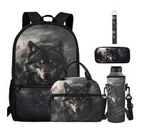 BYCHECAR USA Flag Wolf Elementary Backpack for Boys Backpack With Lunch Box 17 Inch Kids Primary School Bookbag with Pencil Case Water Bottle Sleeve Keychain Kindergarten Supplies for Little Kids