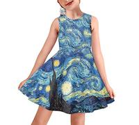 BYCHECAR Van Gogh Starry Sky Dress for Girls Dresses Size 9-10 Sleeveless Pleated Midi Beach Flowy Dress Kids High Waist Swing Flowy Party Dress A Lined Dresses Sleeveless Sundress