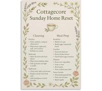 BYCIFRLG Cottagecore Sunday Home Reset Poster Cleaning Meal Prep Guide Cozy Canvas Wall-Art for Living Room Bedroom Decor(Framed,12x18inch(30x45cm))