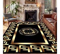 Bycmuoz Black Gold Medallion Area Rug, 140x200cm, Non-Shedding with Black Edging, Greek Key Border Carpet for Living Room Bedroom, Traditional Luxury Vintage Floor Mat