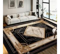 Bycmuoz Black White Marble Diamond Area Rug, 70x140cm, Non-Shedding with Black Edging, Luxury Gold Baroque Floral Carpet for Lounge Dining Room, Classic Ornate Floor Mat