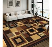 Bycmuoz Brown Patchwork Square Area Rug, 160x230cm, Non-Shedding with Black Edging, Modern Block Pattern Carpet for Living Room Hallway, Warm Neutral Home Decor Mat