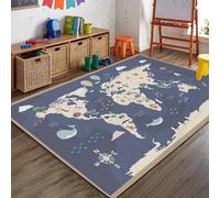Bycmuoz Cartoon Nautical World Map Area Rug, 70x140cm, Coastal Compass Ocean Island Animal World Bedroom Carpet, Nursery Decor Fade Resistant Low Pile Anti Slip Rugs for Indoor Floor