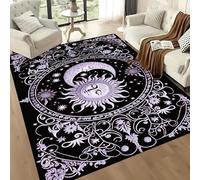 Bycmuoz Celestial Bedroom Carpet, 60x110cm, Boho Sun Moon Design Floor Rug, Purple Astrology Themed Cozy Low Pile Rug, with Non-Slip Backing Machine Shed Resistant Washable for Porch Entryway