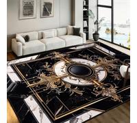 Bycmuoz Luxury Black and White Marble Rug, 100x150cm, Non-Shedding with Black Edging, Gold Baroque Medallion Carpet for Living Room, Ornate Vintage Classic Decor