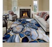 Bycmuoz Marble Texture Bedroom Rugs, 160x230cm, Luxury Nordic Navy Blue Gold Patterned Home Decorative Carpet, Cozy with Non Slip Backing Soft Large Rug, Foldable No Crease Thin Mats for Floor