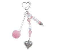 Bydezcon Key Chains for Women, Crystal Beaded Keychain Pink Pompoms Pendant Keyholder Heart Charm Keyring for Bag Sweet Jewelry Women Backpack Ornament