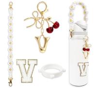 BydGxy Cherry Ribbon Bowknot Letter Charm for Owala FreeSip & Tumbler, Personalized Initial Water Bottle Handle Accessories, Preppy Style Gift (White) - V