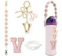 BydGxy Cherry Ribbon Bowknot Letter Charm for Owala FreeSip & Tumbler, Personalized Initial Water Bottle Handle Accessories, Preppy Style Gift (Pink) - V