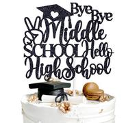Bye Bye Middle School Hello High School Cake Topper, Next Stop High School, Congrats 8th Grade Graduate, Middle School Graduation Party Decorations Supplies, Black Glitter