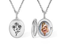 BYFDIY Personalised Birth Flower Oval Photo Locket Necklace Pendant Custom 1-4 Birthflower Women Picture Necklace 925 Sterling Silver/Copper Memorial Gifts for Women Mom Girls