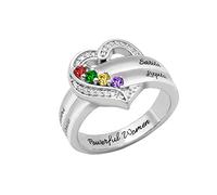 BYFDIY Personalised Birthstone Ring with Custom Heart & 4 Simulated Birthstones, Engraved Names - Sterling Silver Mom's Ring for Mother's Day