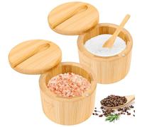 Byffoer Pack of 2 Bamboo Salt Jars, 6 oz Salt Container with Magnetic Swivel Lid and Spoon, Round Storage Box for Kitchen Storage of Salt, Spice Jar, Pepper, Herb