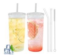 Byfoyif Pack of 2 Glass Cups with Lid, Reusable Straw, 650 ml Glasses, Iced Coffee Cups, Smoothie Glasses, Drinking Glasses for Coffee, Iced Coffee, Thick-Walled Long Drink Glasses