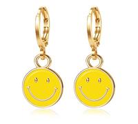 BYIA Huggie Dangle Hoop Earrings, 14K Gold Plated Smiley Face Drop Earring, Personalized Handmade Women Jewelry Gift (Yellow)