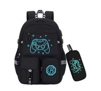 Byitin 2-Piece Set School Backpack Teenager with Pencil Case, School Bag for Boys 3rd 9th Grade, Glow in the Dark Game Console Print, Waterproof Backpack Kids