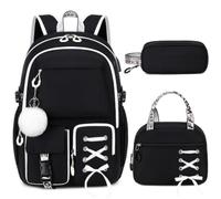 Byitin Black School Bags for Girls 3Pcs, Water-Resistant Kids Backpack with Lunch Pouch & Pencil Case, Girls Rucksack Book Bag Kid for Primary Secondary School