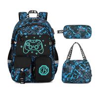 Byitin Children’s School Backpack Set of 3, 8-12 Years Boys Elementary School Bag with Game Controller Prints & Doodle-Style, Lightweight Waterproof Backpack with Lunch Bag & Pencil Case