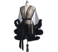 BYIYGSL Ladies Dressing Gown Perspective Sheer Short Robe,Sexy Fluffy Bathrobe for Maternity Photoshoot,Bridal Lingerie Dressing Gown Wedding Scarf Baby Shower (Color : Black, Size : L)