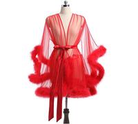 BYIYGSL Ladies Dressing Gown Perspective Sheer Short Robe,Sexy Fluffy Bathrobe for Maternity Photoshoot,Bridal Lingerie Dressing Gown Wedding Scarf Baby Shower (Color : Red, Size : S)