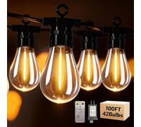 BYIZO 100FT Outdoor String Lights with Remote, 42 Dimmable Shatterproof LED Edison Bulbs, Waterproof Patio & Backyard Lights for Pergola, Deck, Garden, Bistro, Commercial Grade Hanging Lights