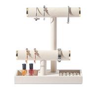 ByKen Multi-Functional 2 Tier Jewelry Holder,Necklace Bracelet Holder with Earrings Rings Tray,Jewelry Organizer Stand for Scrunchie Watches (Beige&Gold)