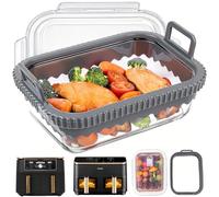 BYKITCHEN Glass Baking Dish for Ninja Air Fryer Dual Zone AF400UK / Double Stack SL400UK 9.5L, Air Fryer Tray/Basket with Removable Silicone Handle & Lid for Meal Prep, Airfryer Accessories