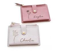 Bykiyevm Personalized Leather Wallet with Birth Flower & Name,Custom Engraved PU Leather Card Holder Wallet for Women,Mother’s Day,Birthday,Bridesmaid Gift, Pink, Leather Wallet