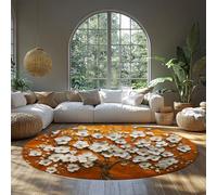 BYLEEHOMED 3D Flowers Boho Circle Carpet Large Traditional Oriental Peach Tree Design Non Shedding Low Pile Round Rugs for Living Room 150 cm