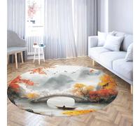 BYLEEHOMED Autumn Scenery Circle Rug 60 cm Oriental Traditional Ink Painting Living Room Washable Machine Non-slip Round Carpet for Under Table