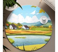 BYLEEHOMED Cartoon Circle Rug 60 cm Countryside Green Pastures Lake Print Easy Care Low Pile Living Dining Round Floor Mat Indoor Nonslip Design