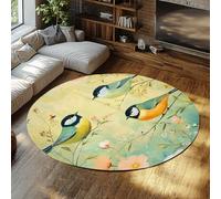 BYLEEHOMED Chinese Design Flowers Round Rug 120 cm Birds on Tree Branches Print Washable Non Slip Entry Teal Circle Floor Carpet for Reading Nook
