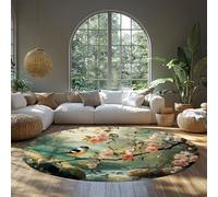 BYLEEHOMED Japanese Round Rug 180 cm Floral Bird Cherry Blossom Design Oriental Asian Vintage Washable Non Slip Soft Circle Carpet for Home Decor