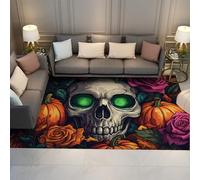 BYLEEHOMED Machine Washable Area Rug 180x240cm Autumn Pumpkin Rose Skull with Green Eyes Design Non-slip Carpet for Bedroom Dorm and Living Room