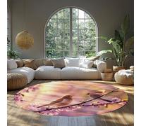 BYLEEHOMED Round Floral Welcome Door Mat Cherry Blossoms and Birds Circle Carpet with Non Slip Rubber Backing for Entry Living Room Dining Room 120 cm