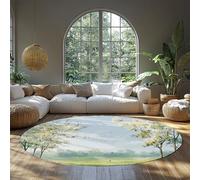 BYLEEHOMED Spring Flowers Washable Rug 120 cm Modern Fresh Green Forest Circle Non-slip Thin Low-Pile Carpet for Under Dining Table Office Decor