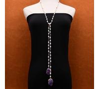 BYLSAGWHT 51'' Freshwater White Rice Pearl Red Tourmaline Chain Necklace Gold Edge Purple Amethyst Quartz Pendant Party Gifts