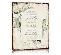 BYLSAGWHT Scripture Metal Sign Micah 6 8 What Does the Lord Require Encouraging Words Vintage Botanical Eucalyptus Motif Tin Plaque for Study Den 8 X 12 inch