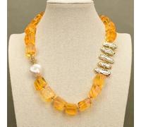 BYLSAGWHT White Biwa Pearl Yellow Glass Quartz Rough Choker Necklace 21.5" Vintage For Lady Gifts