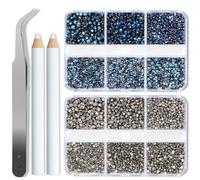 Bymitel 7200 Pieces Mine Blue and Jet Hematite Rhinestones Flat Back 6 Mixed Sizes Crystal Round Glass Gems with Tweezers and Picking Rhinestones Pen