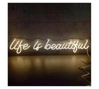 BYNGQW Hanging Art Neon Signs Life is Beautiful Neon Sign Brightness Adjustable LED Light USB Powered for Home Bedroom Cafe Bistro Club Bar Party Decor 50cmx14cm(White)