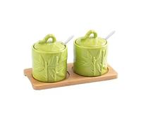 ByNGSDCC Sugar Container for Coffee Breakfast Afternoon Tea,Ceramic Bowl, Chinese Embossed Bamboo Leaves Storage Jar, Green Porcelain 200ml/7oz Salt Pot, for B(2 Set)