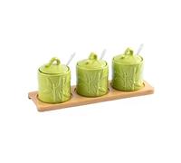 ByNGSDCC Sugar Container for Coffee Breakfast Afternoon Tea,Ceramic Bowl, Chinese Embossed Bamboo Leaves Storage Jar, Green Porcelain 200ml/7oz Salt Pot, for B(3 Set)