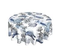 BYONEESS Summer Coastal Tablecloth Round 60 Inch Nautical Sea Turtle Table Cloth Nautical Coastal Blue Tortoise Coral Table Cover for Party Kitchen Dining Picnic Holiday Outdoor Decor