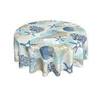 BYONEESS Summer Nautical Coastal Tablecloth Round 60 Inch Beach Starfish Ocean Coral Seashell Printed Table Cloths Circular Table Cover for Party Kitchen Dining Picnic Holiday Outdoor Decor