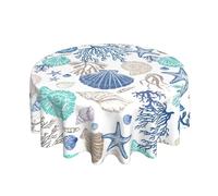 BYONEESS Summer Nautical Coastal Tablecloth Round 60 Inch Beach Starfish Seashell Print Polyester Table Cloth Sea Coral Circular Table Cover for Party Kitchen Dining Picnic Holiday Outdoor Decor