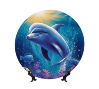 BYPPJGH Cute Dolphin Ceramic Decorative Plates Bone China Decorative Plate with Display Stand Handmade Ceramic Ornament Personality Porcelain Dinner Plate Crafts for Home Office Wall Decoration 17cm