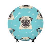 BYPPJGH Cute Pug Dog Ceramic Decorative Plates Bone China Decorative Plate with Display Stand Handmade Ceramic Ornament Personality Porcelain Dinner Plate Crafts for Home Office Wall Decoration 17cm