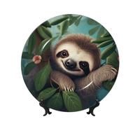 BYPPJGH Cute Sloth Ceramic Decorative Plates Bone China Decorative Plate with Display Stand Handmade Ceramic Ornament Personality Porcelain Dinner Plate Crafts for Home Office Wall Decoration 15cm